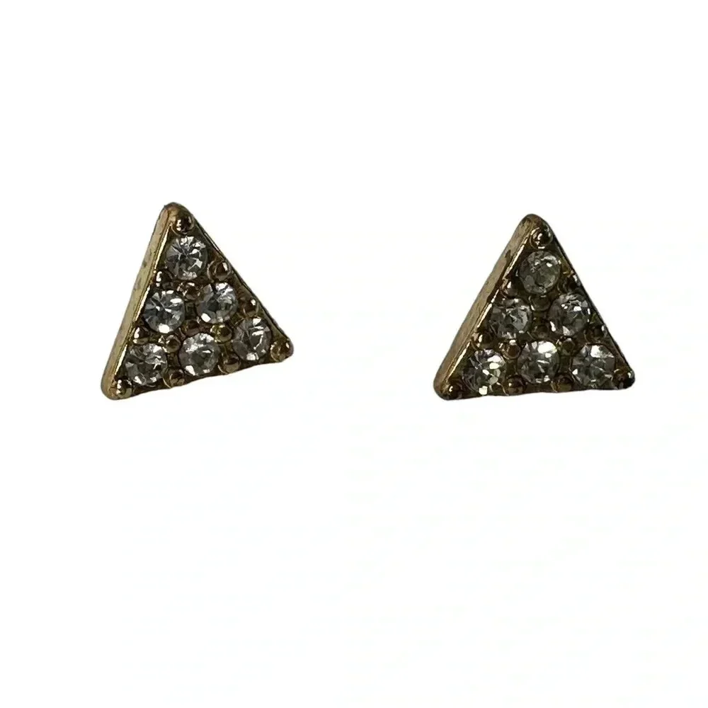 Gold triangle stud earrings with clear diamond rhinestones